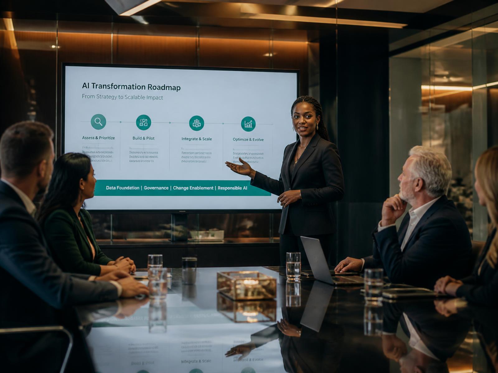 Confident professional presenting an AI transformation roadmap to a diverse group of business leaders