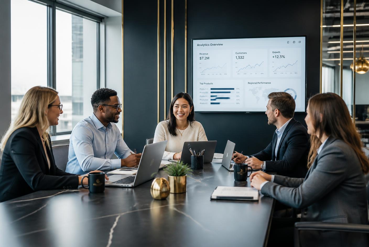 Diverse corporate team reviewing an analytics dashboard during an AI planning session